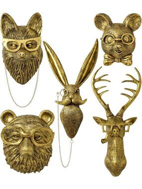5 PCS Animal Head Wall Art Sculptures - 17" Gold Vintage 3D Decor for Whimsigoth